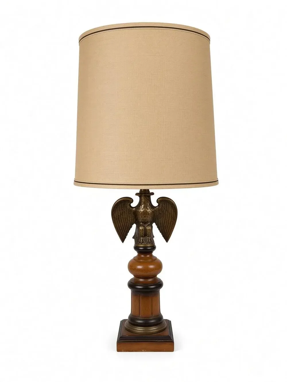 Vintage Wood Brass Table Lamp Eagle Finial Federal Style Americana Burlap Shade